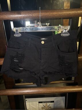 High-Rise Black Distressed Denim Shorts
